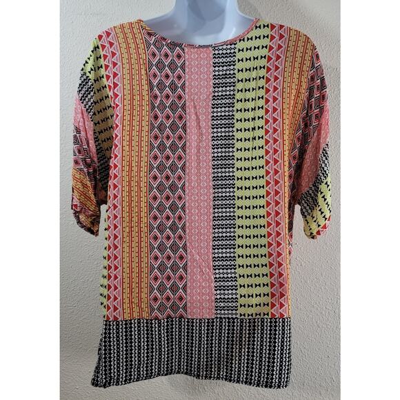 Cato Pink Black Yellow Geo Print Short Batwing Sleeve Large Lightweight Flowy - Picture 2 of 6
